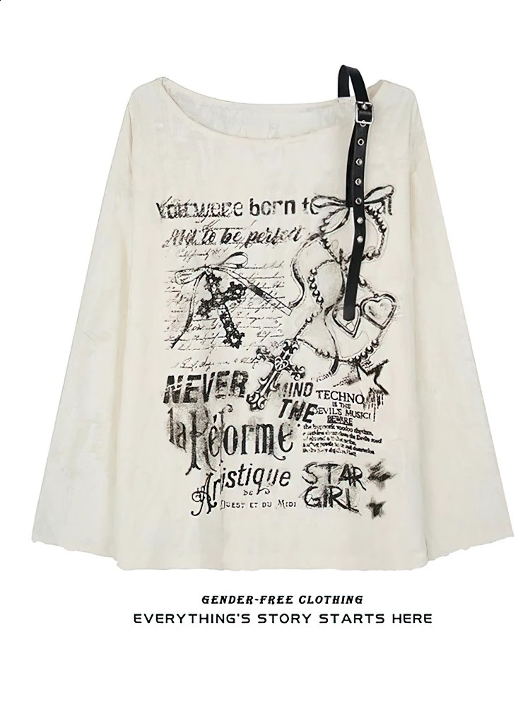 Vintage Y2K Oversize Off Shoulder T-shirt with Print Women Hole Hip Hop Long Sleeve Baggy Basic T-shirt Pullovers Ladies Tops 250725