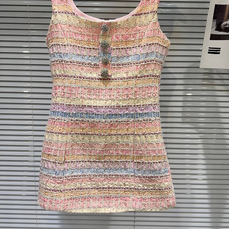 Female Elegant Contrast Color Sleeveless Dress Summer Fashion Dia Flower Buckle Woven Tweed Slimming Dresses ddmysept