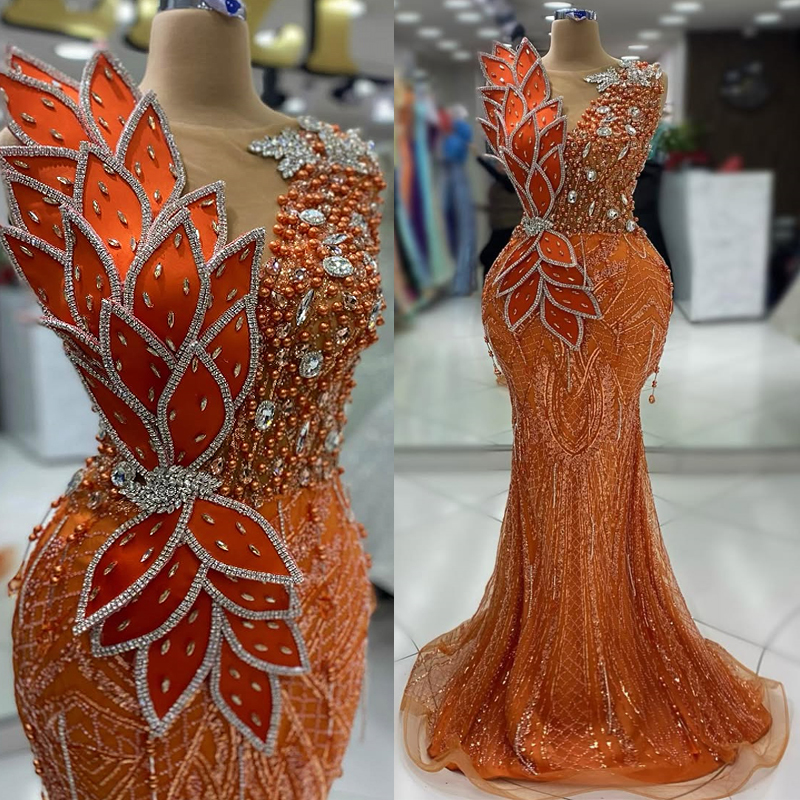 2025 Aso Ebi Orange Prom Dress Evening Dresses Formal Gowns Sheer Neck Beaded Lace Rhinestones Crystals Birthday Dress Second Reception Gowns AM2570