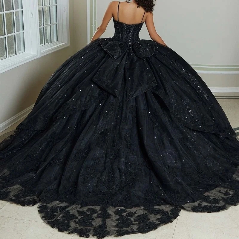 Black Shiny Quinceanera Dresses Ball Gown Spaghetti Strap Sequined Beading Crystal Appliques Lace Tull Vestidos De 15 Anos Sweet 16 Dress