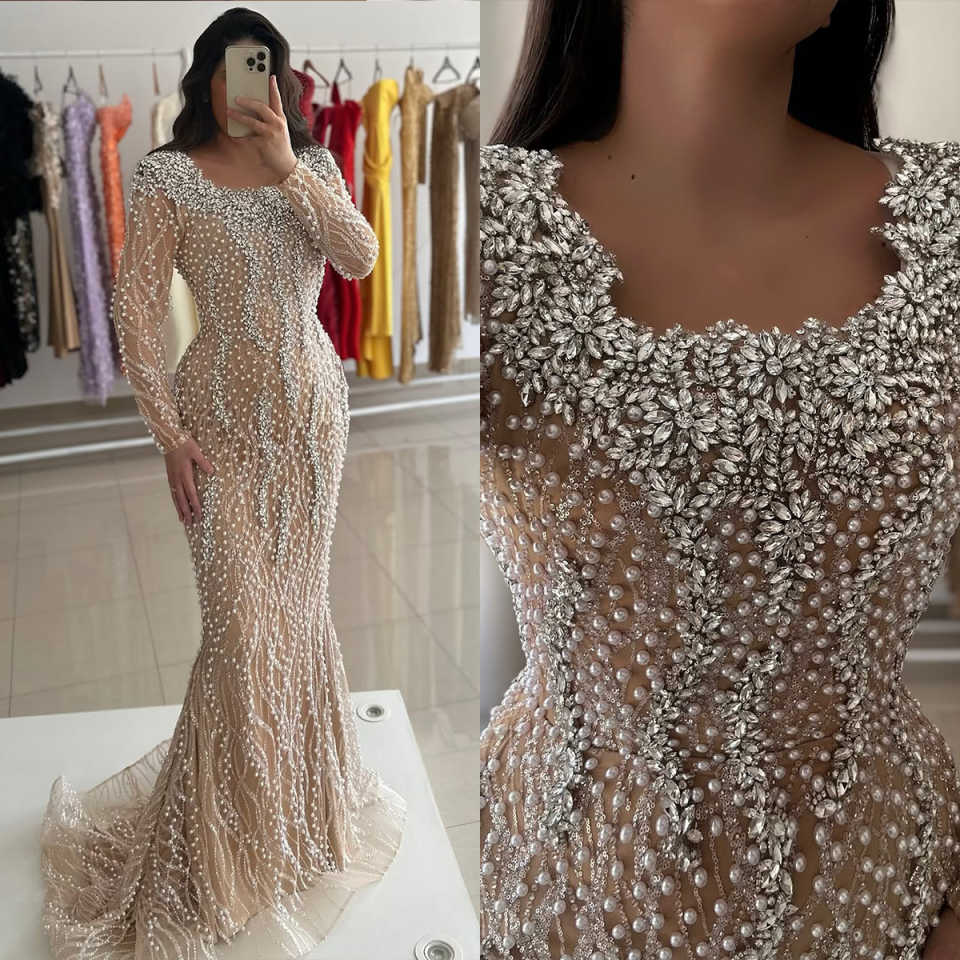 Exquisite Mermaid Evening Dresses For Women Jewel Neck Long Sleeves Gown Crystal Beaded Sweep Train Dress Party Customized Dress