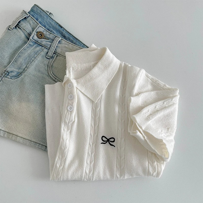 AOSSVIAO 2025 Summer Korean Fashion Slim Polo shirt Knitted Short Sleeve Tshirt Sweet Bow Embroidered Women Tops 250729