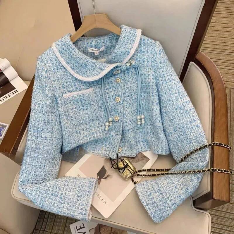 Spring Fashion Elegant Peter Pan Collar Chic Tassel Vintage Women Coat Blue Tweed Jacket High Waist Long Pants New Two Pieces dongdumaoyi
