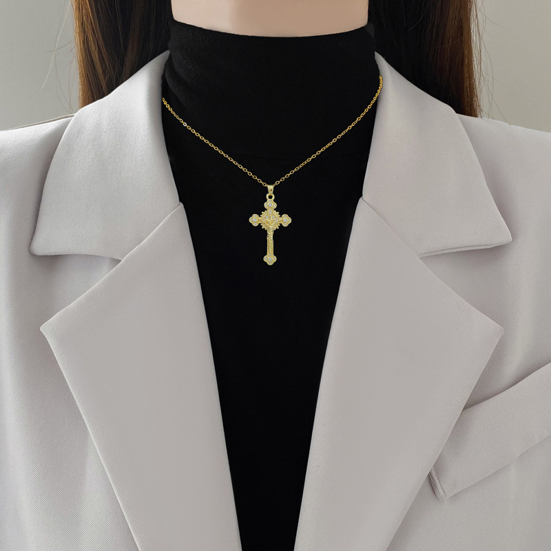 New High-end 316L Stainless Steel Cross Pendant Zircon Diamond Jesus Chain Necklace for Men Women 18K Gold Plated Pendant Street Trendy Jewelry Global