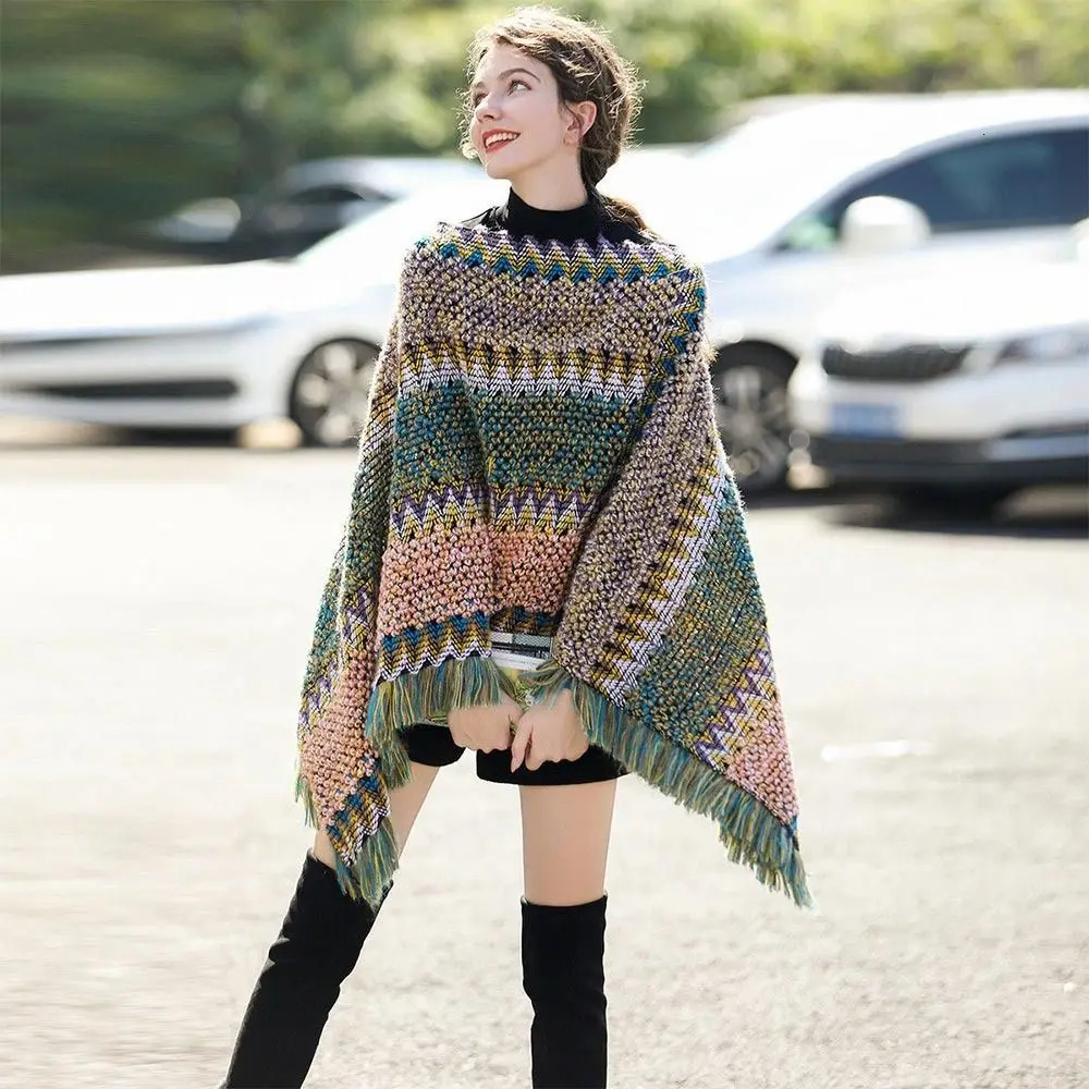 Fashion Mongolian Poncho Womens Ethnic Style Knitted Cape Pullover Tassel Shawl Coat Overlays Knitting Wraps 250731