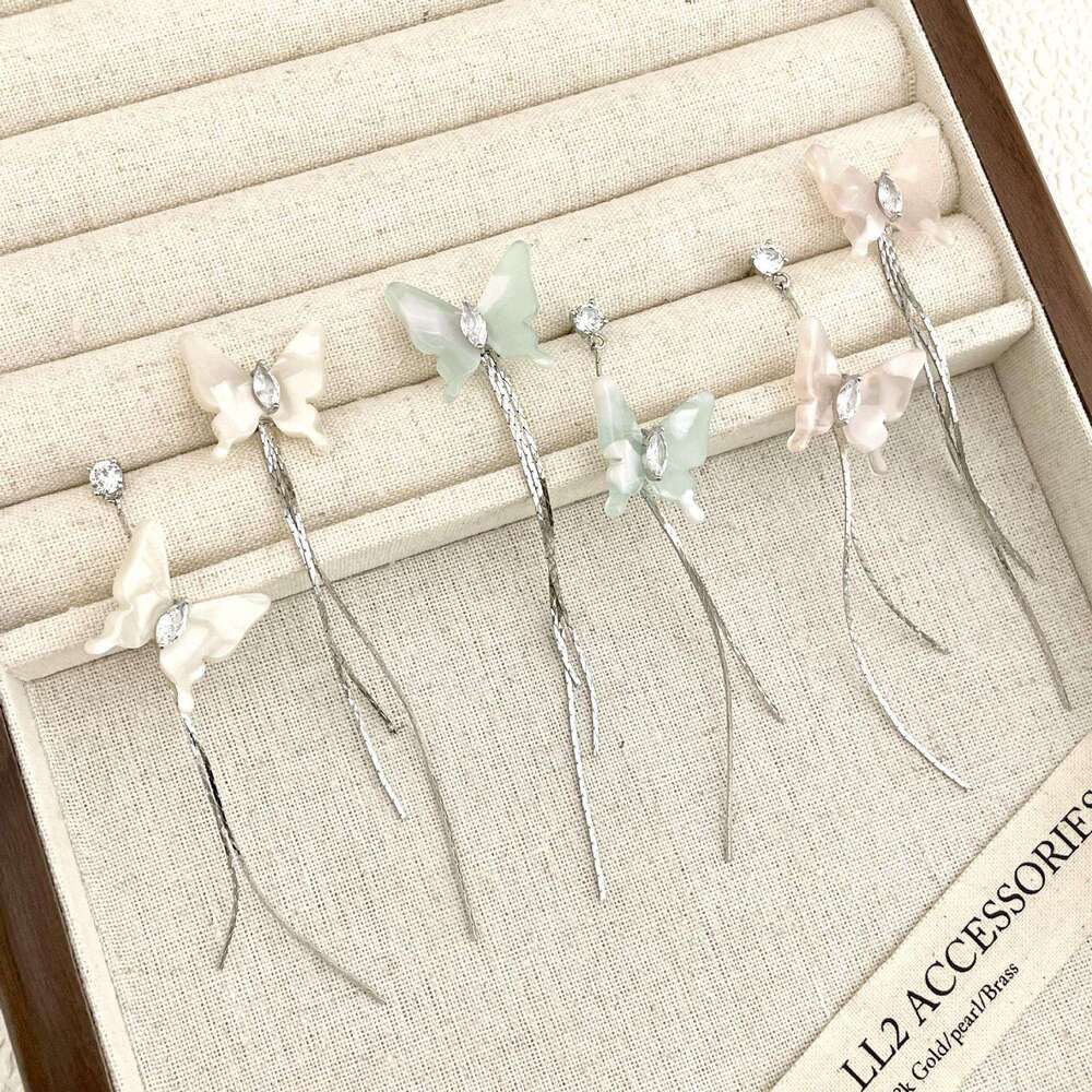 Chinese Style National Trend Twin Girlish Pink Dream Butterfly Elegant Versatile Blue and White Earrings b9f