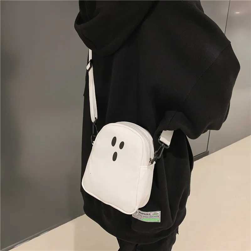 Black White Funny Cute Ghost Kawaii Women Canvas Bag Cartoon Harajuku Chic Ins Shopper Bag Women Shoulder Bags Large Capacity Y250730