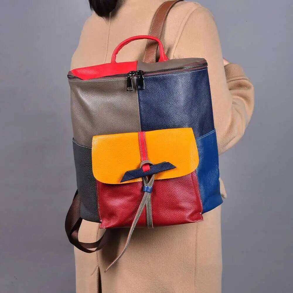 OLOEY Vintage Women's Leather Backpack Large Capacity Travel Bag, Handmade Cowhide Bucket Bag with Colorful Splicing Patchwork Design