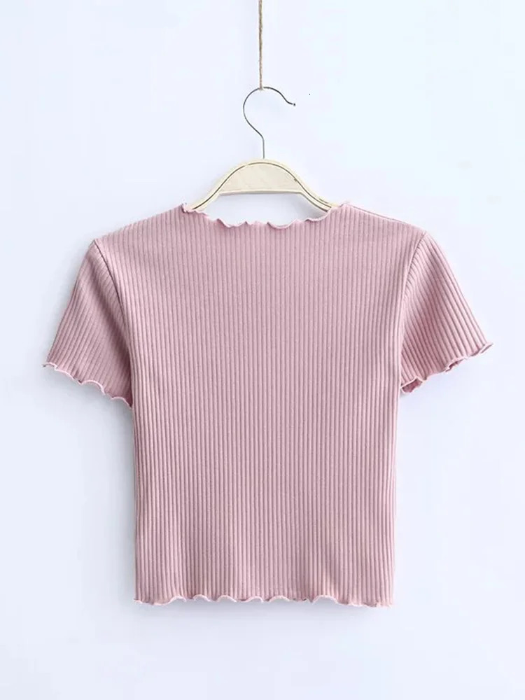 Vintage Wood ears O neck Short sleeve Tshirt 2023 Woman Slim Fit t shirt tight tee Summer Retro Tops 6 colors 250724
