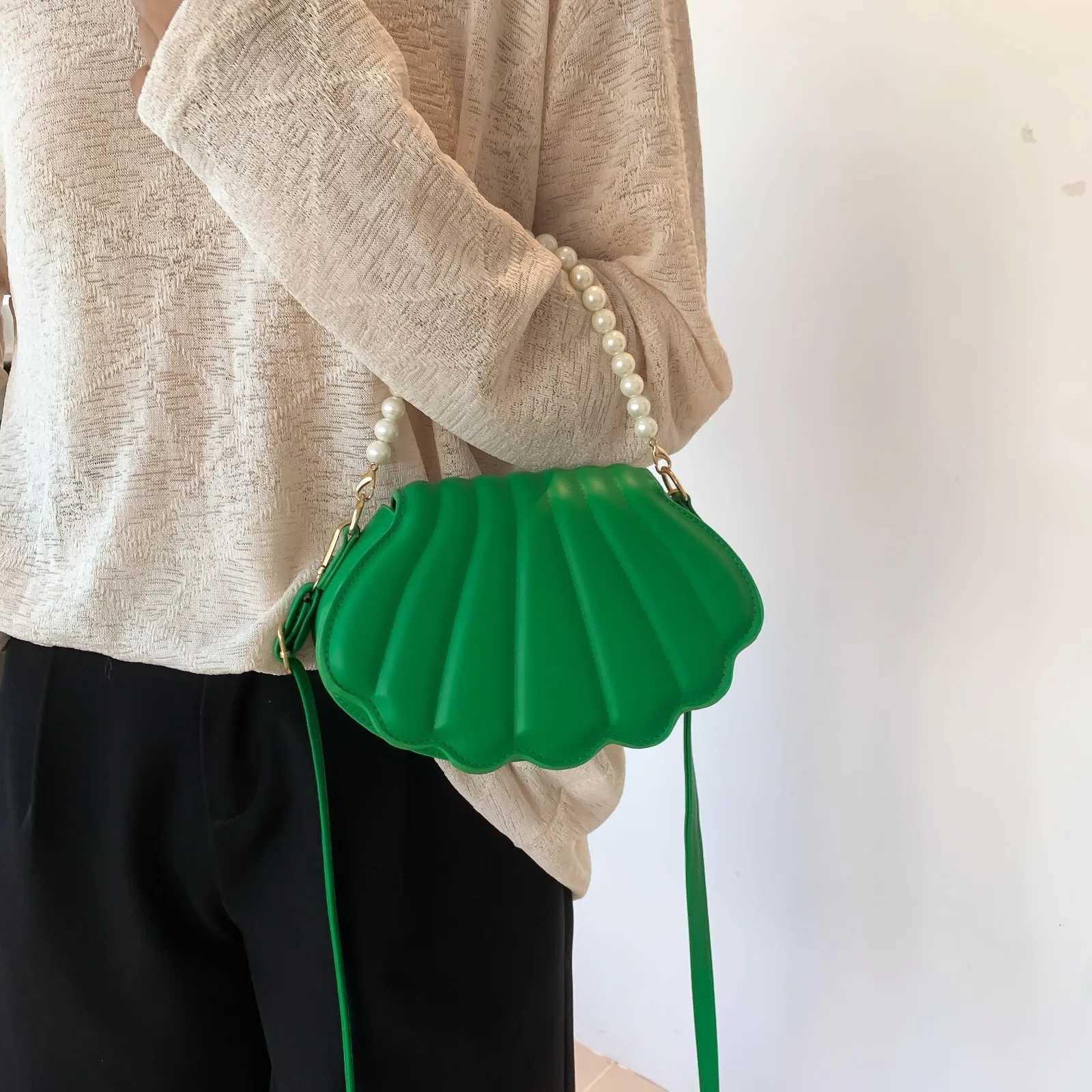 PU Leather Women Small Crossbody Shoulder Bags Shell Pearls Handbags Solid Color Lady Messenger Bag Trendy Cellphone Clutch Bag Y250730