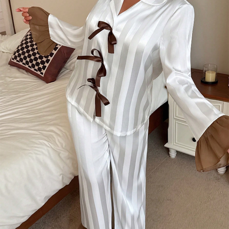 2025 New Women's Spring and Autumn Silk Colorful Wide Striped Color Block Lace Bow Long Sleeve Long Pants Pajama Set
