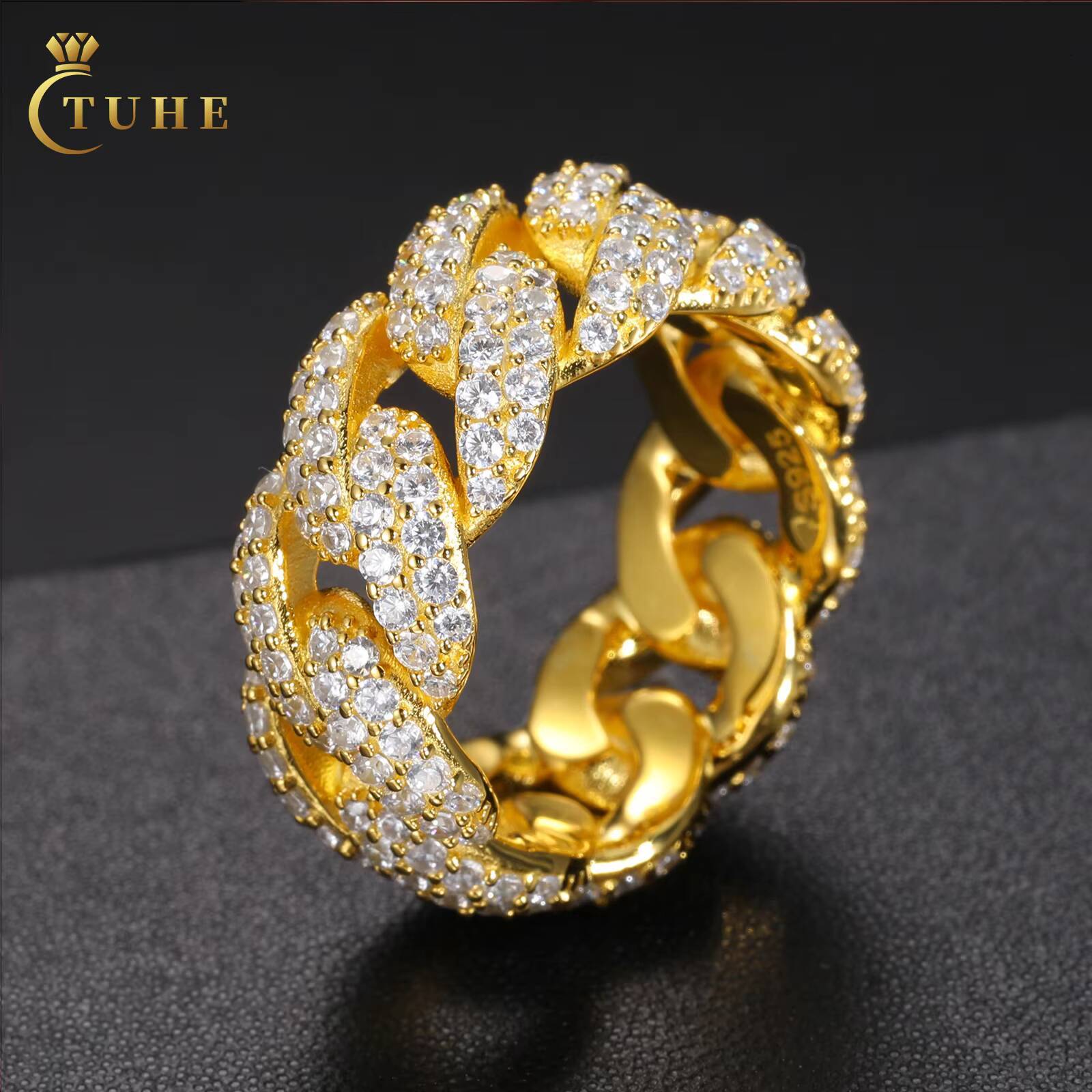 Wholesale Bling Hip Hop Jewelry 9mm Gold Plated 925 Sterling Silver VVS Moissanite Diamond Iced Out Cuban Band Ring for Men
