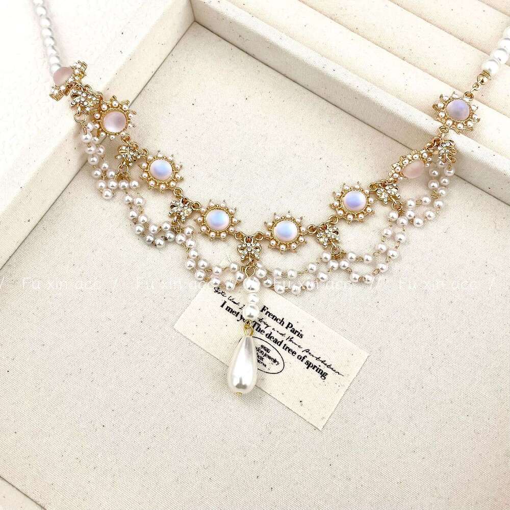 Sarah Phil Matte Pink Blue Iridescent Pearl Water Drop Necklace Light Fashion Versatile Choker Niche Design Jewelry 5a8