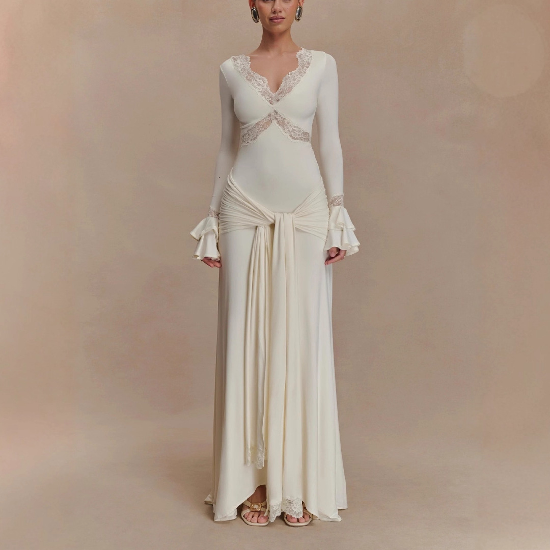 Womens New Fashion Bell Sleeve Lace Trim Dress Sexy Evening Gown Autumn Winter Dress