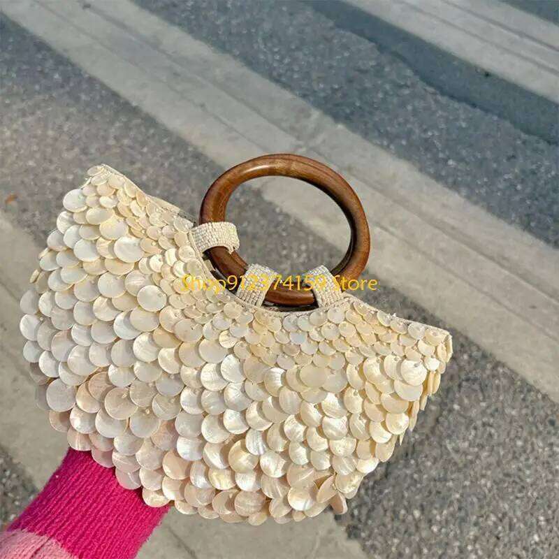 G5AE Elegant Beaded Shell Design Top Handle Purse Bohemian Handmade Handbag For Vacation Essential And Casual Ocn