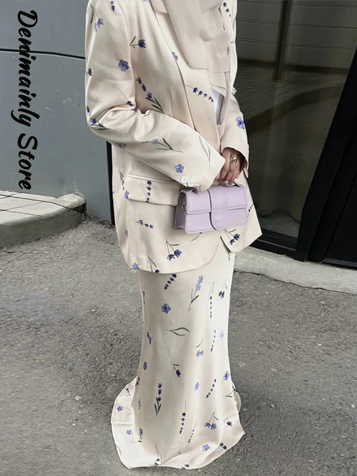 Elegant Print Jacket Skirt Set Women Lapel Full Sleeve Loose Coat Straight Long Skirts 2025 Autumn Lady Chic 2 Pieces Suit 250728