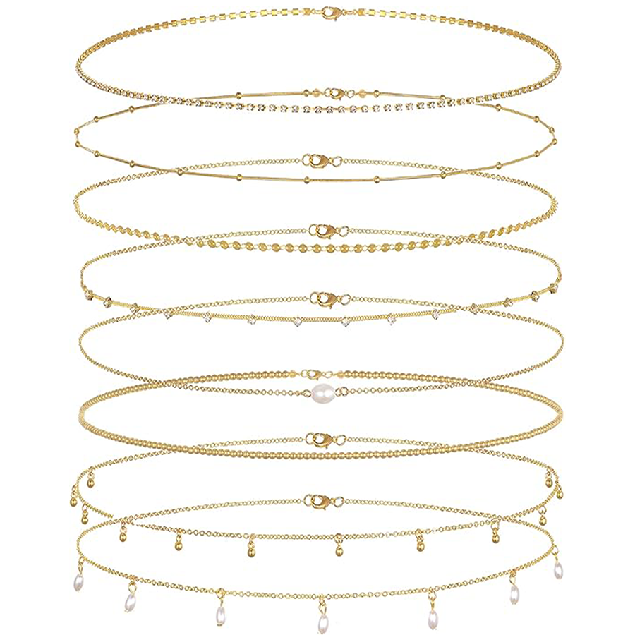 8Pcs Waist Belly Chain 18K Gold Plated CZ Heart Pearl Snake Bead Sequin Paperclip Belly Chain Summer Beach Sexy Body Chains Jewelry Accessories Women 