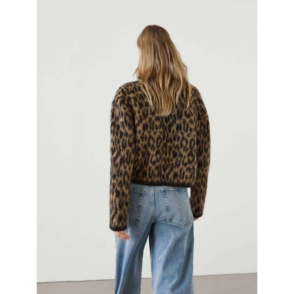 Ethereal MD 2025 Massidutti Spring New Style Of American Vintage Brown Leopard Print Soft Waxy Round Neck Cardigan Short Coat 250728
