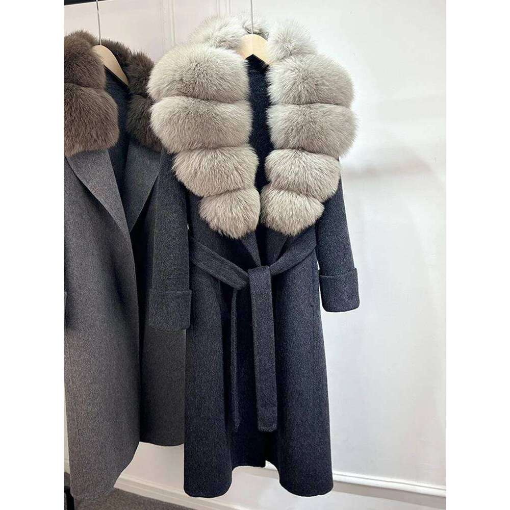 Designer Clothing Janveny Cashmere Double-Sided Woolen Women Removable Natural Fox Fur Jacket Autumn Winter Long Temperament Wool Coat Fashion