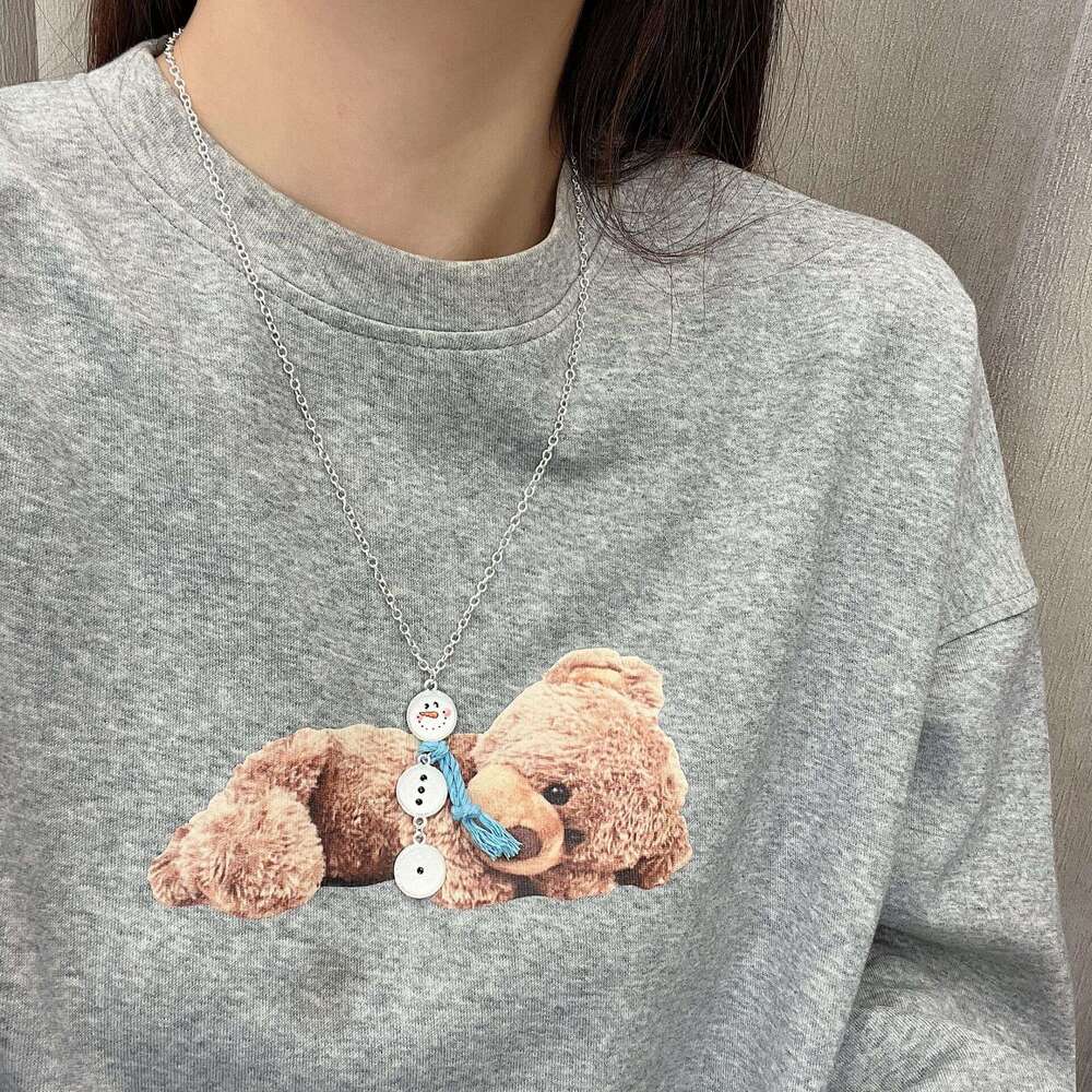 White Button Tassel Cute Snowman Pendant Necklace Niche High-end Personality Cool Korean Style Autumn Winter Collarbone Chain 177