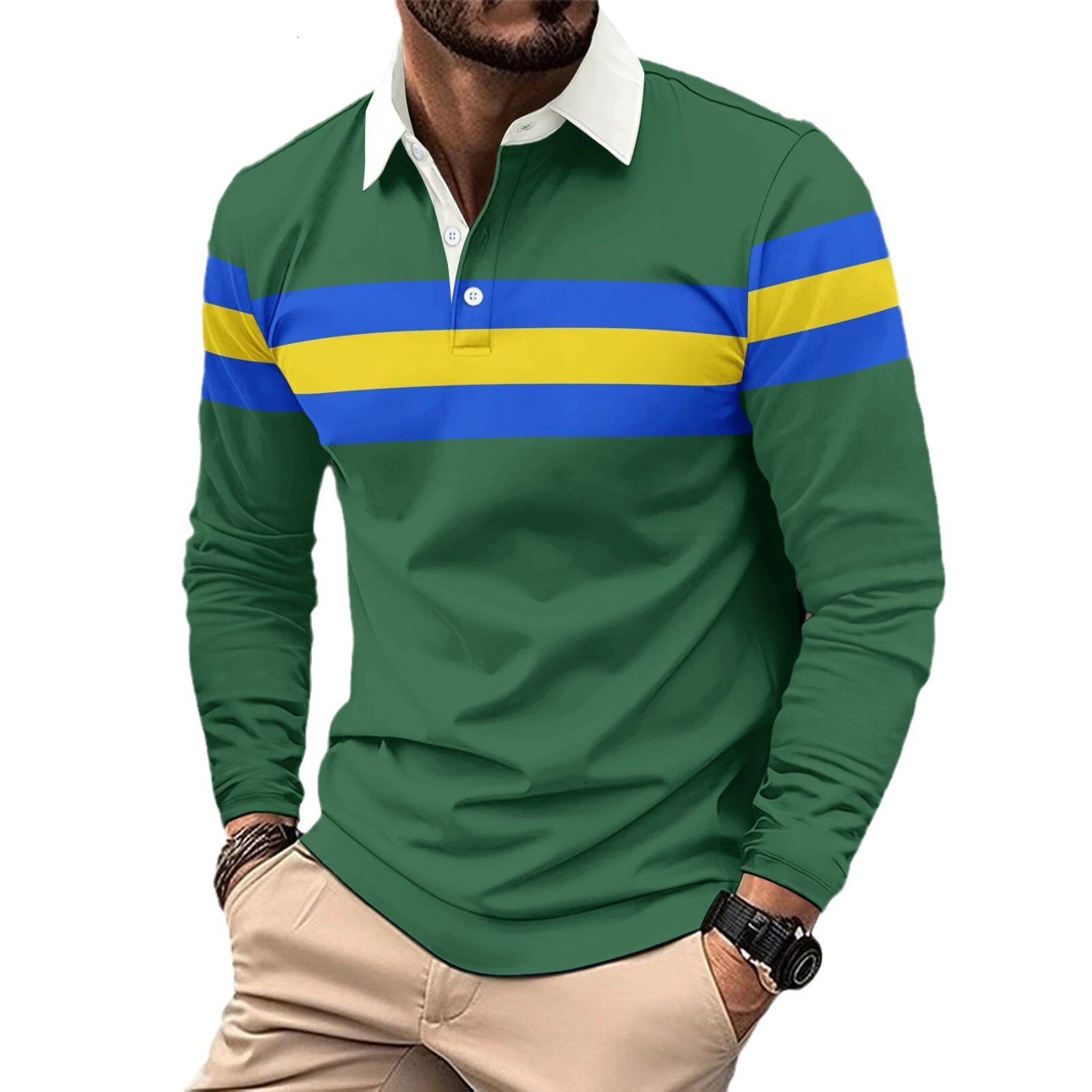 Free shipping for 2025 Designer men's long spring and Autumn season sleeved new printed color block lapel men's casual Polo shirt