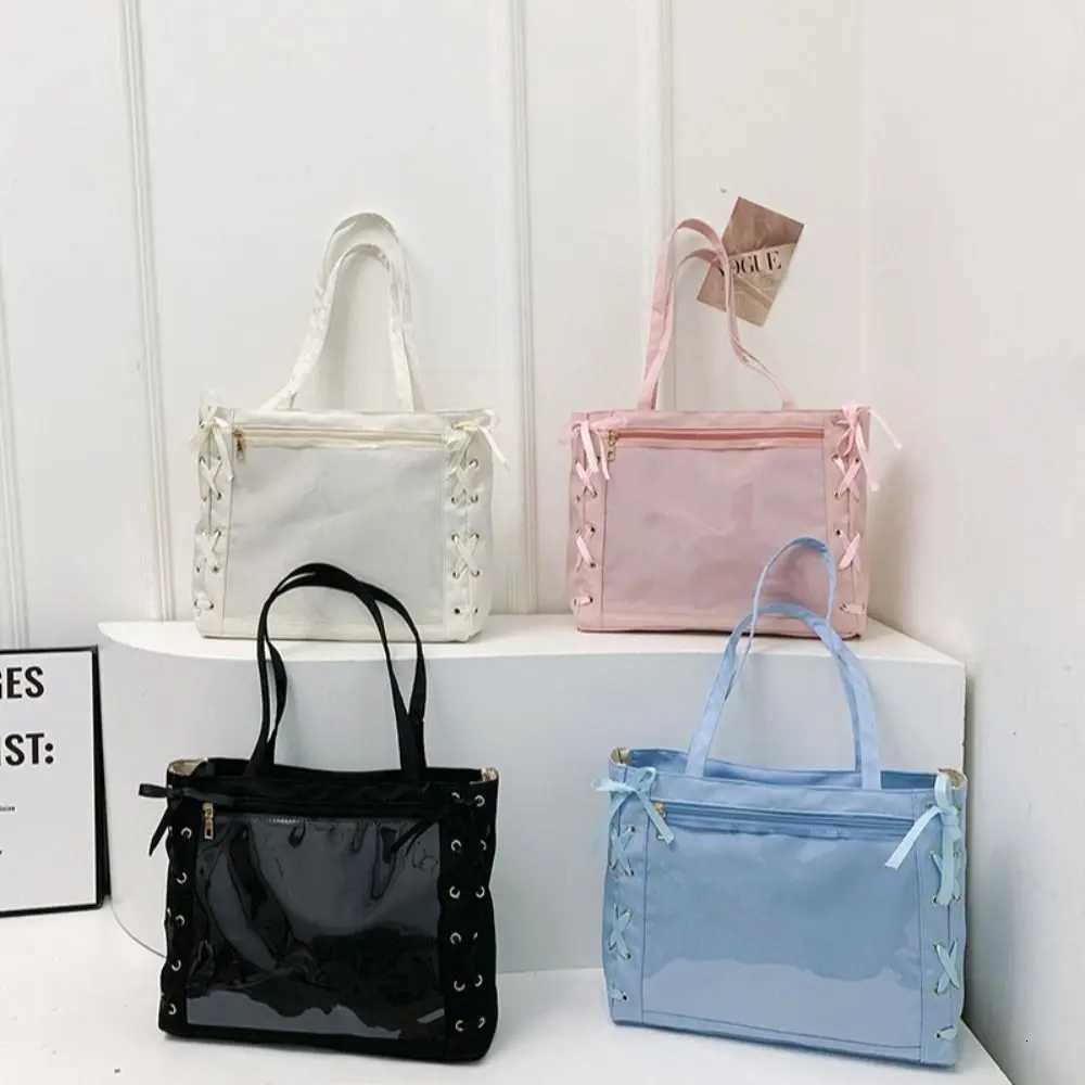 Single Badge Itabag Japanese Simple Itabag Cross Ribbon Lace-up Transparent Pocket PU Idol Aesthetic Shoulder Bag for Women Y250730
