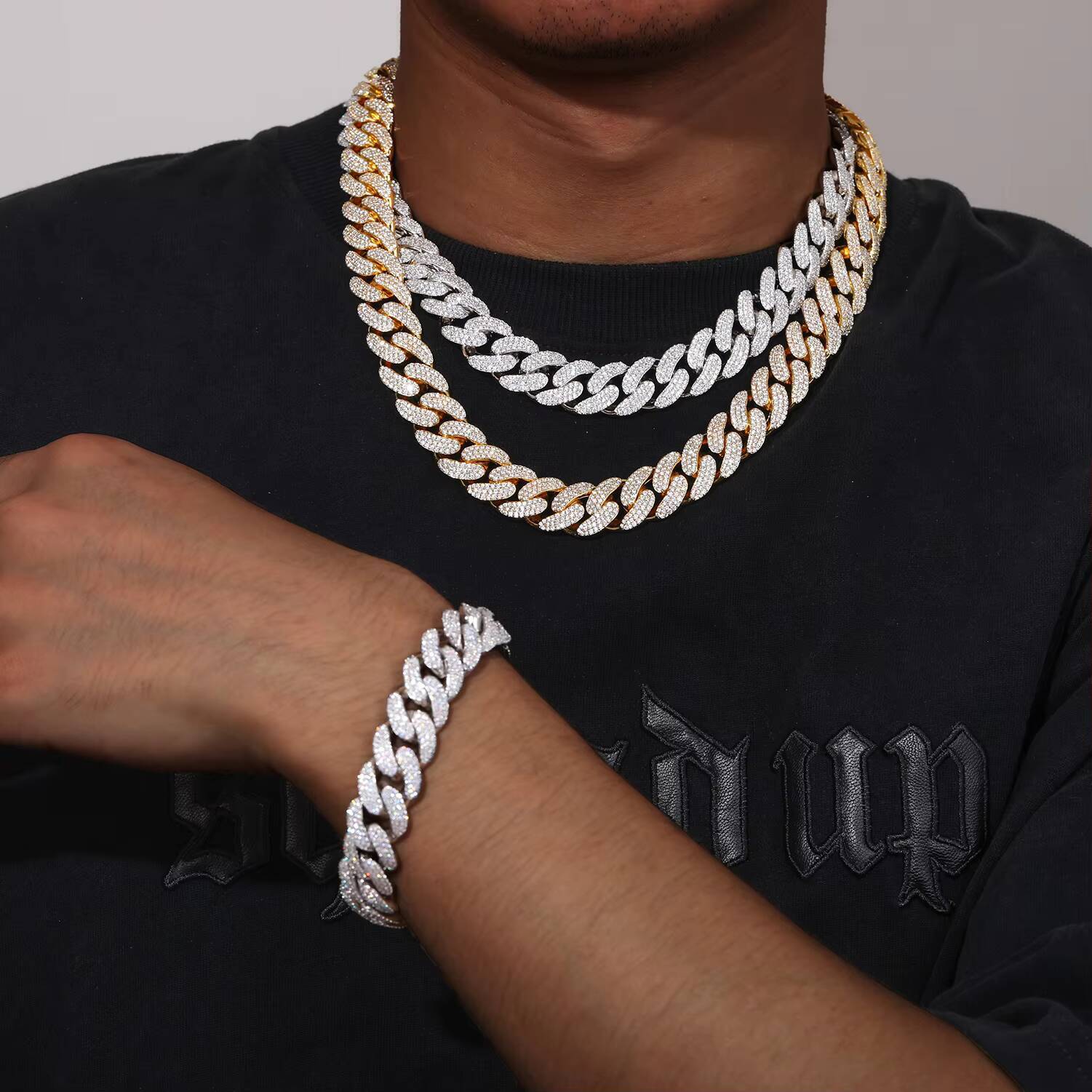 Wholesale Party Jewelry Hip Hop Mens 12mm Gold Plated Silver VVS Moissanite Colorful Iced Out Button Cuban Link Chain