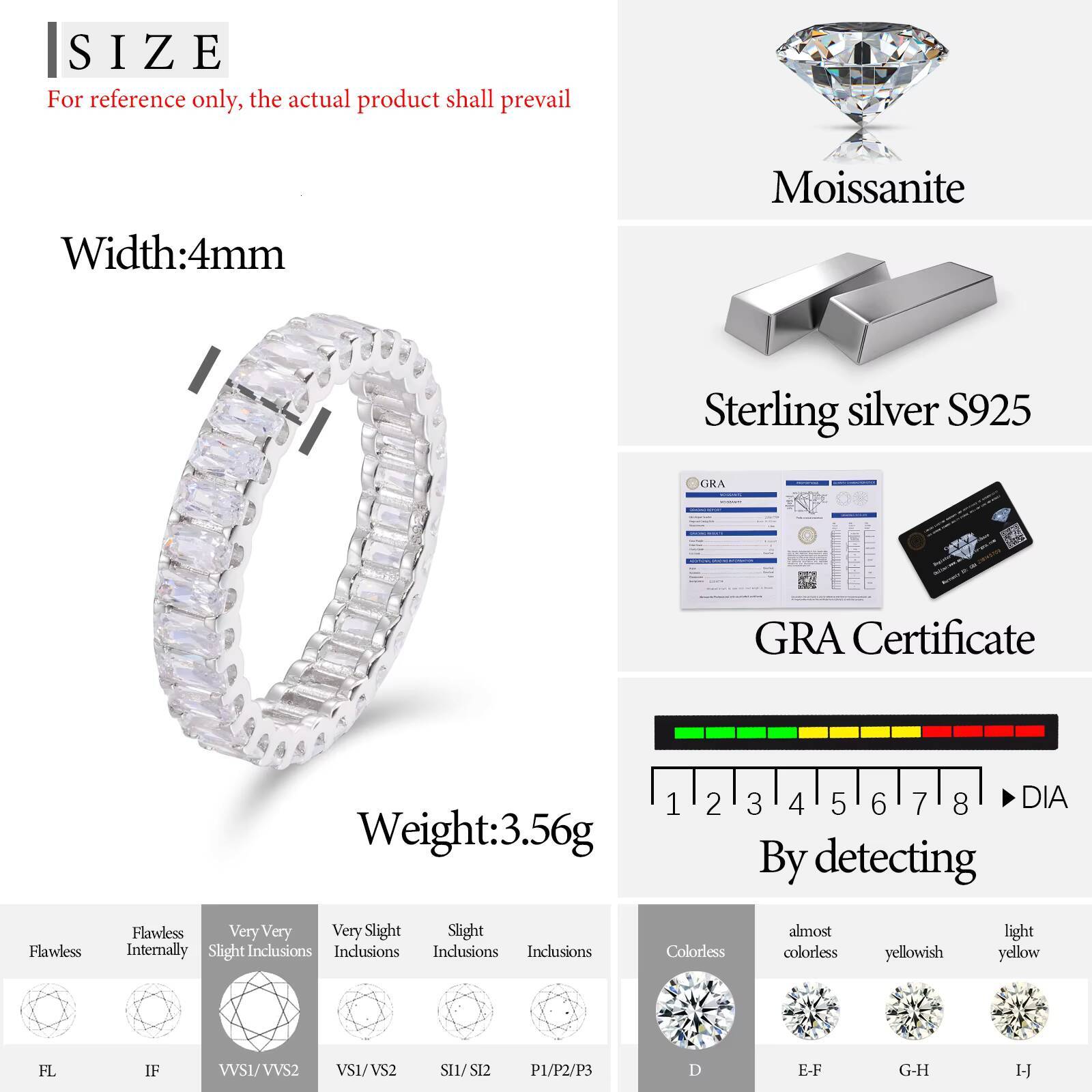Pass Diamond Tester 4mm 925 Sterling Silver Emerald Cut VVS Moissanite Baguette Eternity Engagement Ring With GRA Certificate