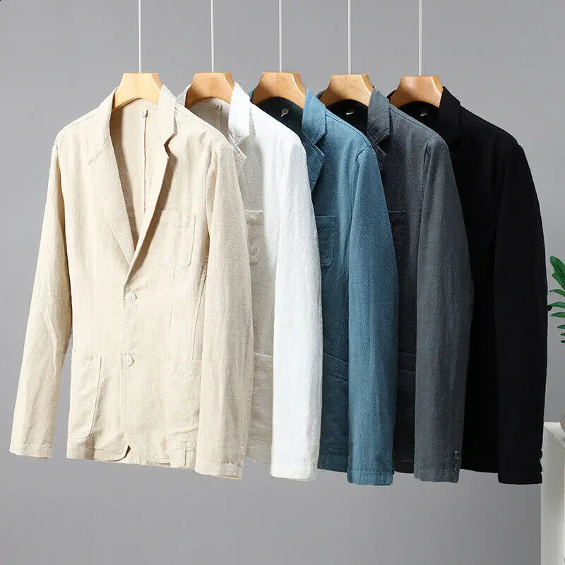 2024 Retro Cotton Linen Men Blazer Coat Beach Wedding Party Suit Spring Summer Fashion Male Formal Business Slim Jacket 250724