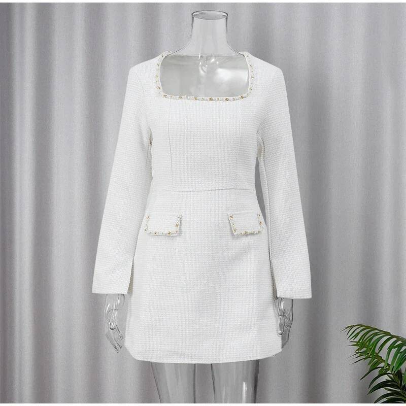 Women's Elegant Tweed A-line Vestidos Solid Slim Fit Shoulder Pad Short Sleeve Party O-neck Patchwork Evening Dress ddmysept TUES