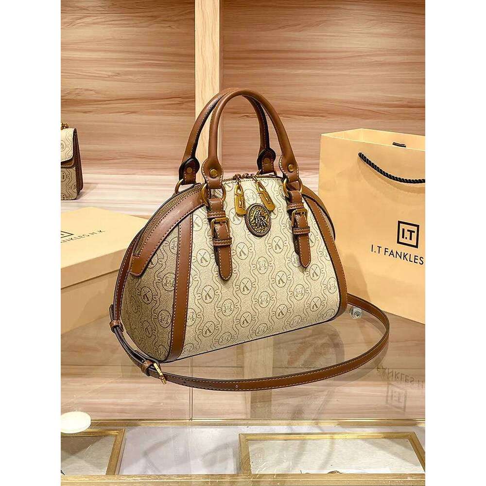 Khaki Retro Leather Women's Handbag Fashion Geometric Floral Shoulder Bag Hundred Splicing Color Collision Girls Crossbody