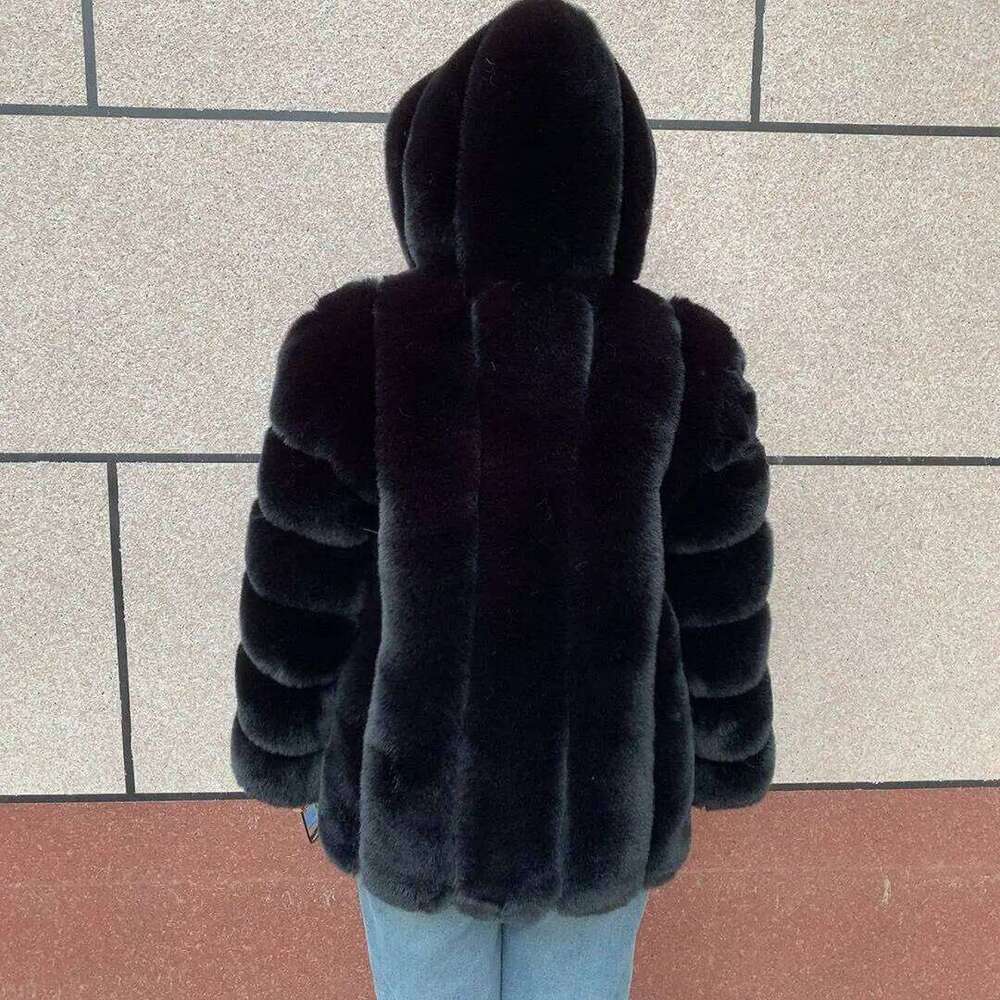 LHXDW Women's faux fur hooded coat winter warm fashion hooded fur jacket imitation fox fur fluffy coat women's clothing