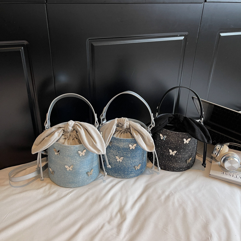 Niche Design Denim Bucket 2025 New Trendy Versatile Fashion Butterfly Single Shoulder Crossbody Bag Handbag ddmymoon