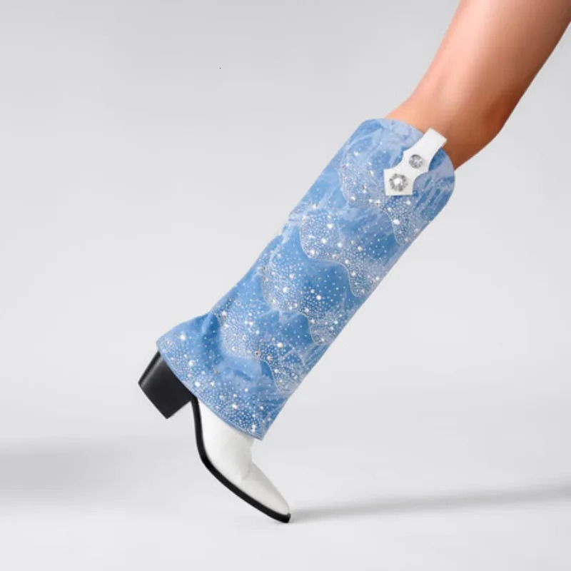 Internet Celebrity Rhinestone Denim Chelsea Boots Color Pointed 6cm Thick Heel Boots Rural Holiday Womens Shoes 35-43 250729