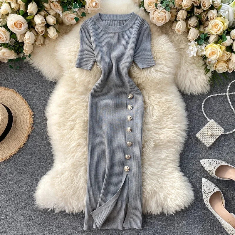 2026 Summer Dresses Chic Solid Korean Vintage High Waist Women Dress Bodycon Sexy Stretch Knitted 250731