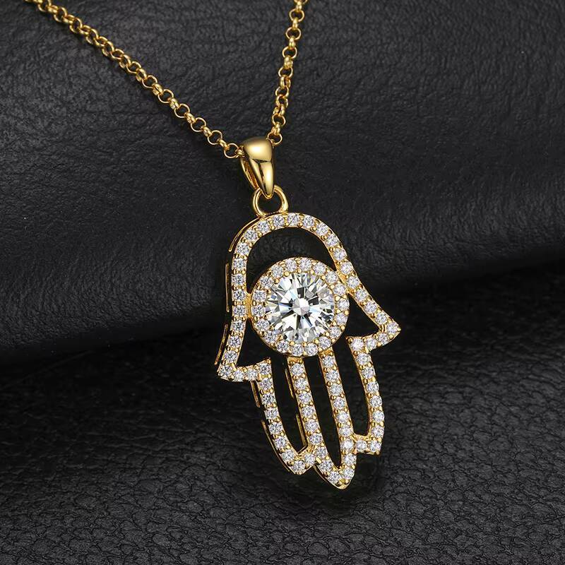 Fine Jewelry Gold Plated 925 Pure Silver VVS Moissanite Diamond Hamsa Hand Pendant Necklace With Chain
