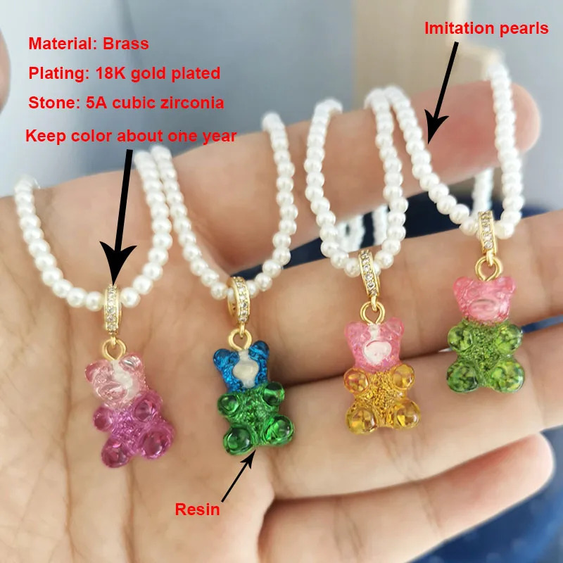 QMHJE Candy Color Resin Bear Necklace for Women Pearl Chain Beads Choker Link Neon Green Yellow Jewelry Bohemia Cute 250729