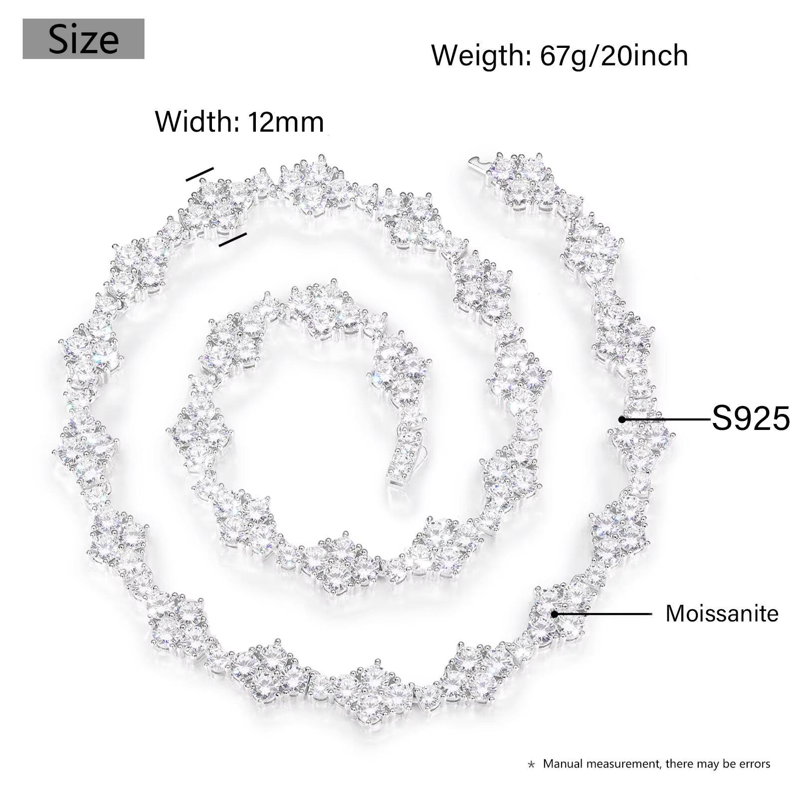 Pass Diamond Tester Prong VVS Moissanite Rhombus Tennis Chain White Gold 925 Sterling Silver Mossanite Tennis Necklace for Men