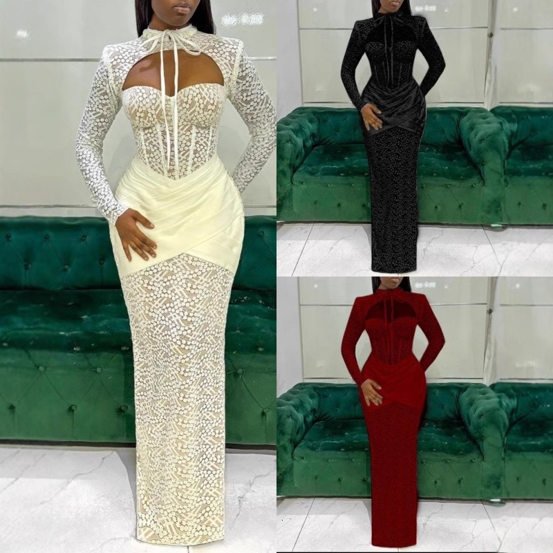 New Half-high Collar Lace-up Stitching Low-cut Sexy Hip-hugging Long-sleeved Dress Evening Dress