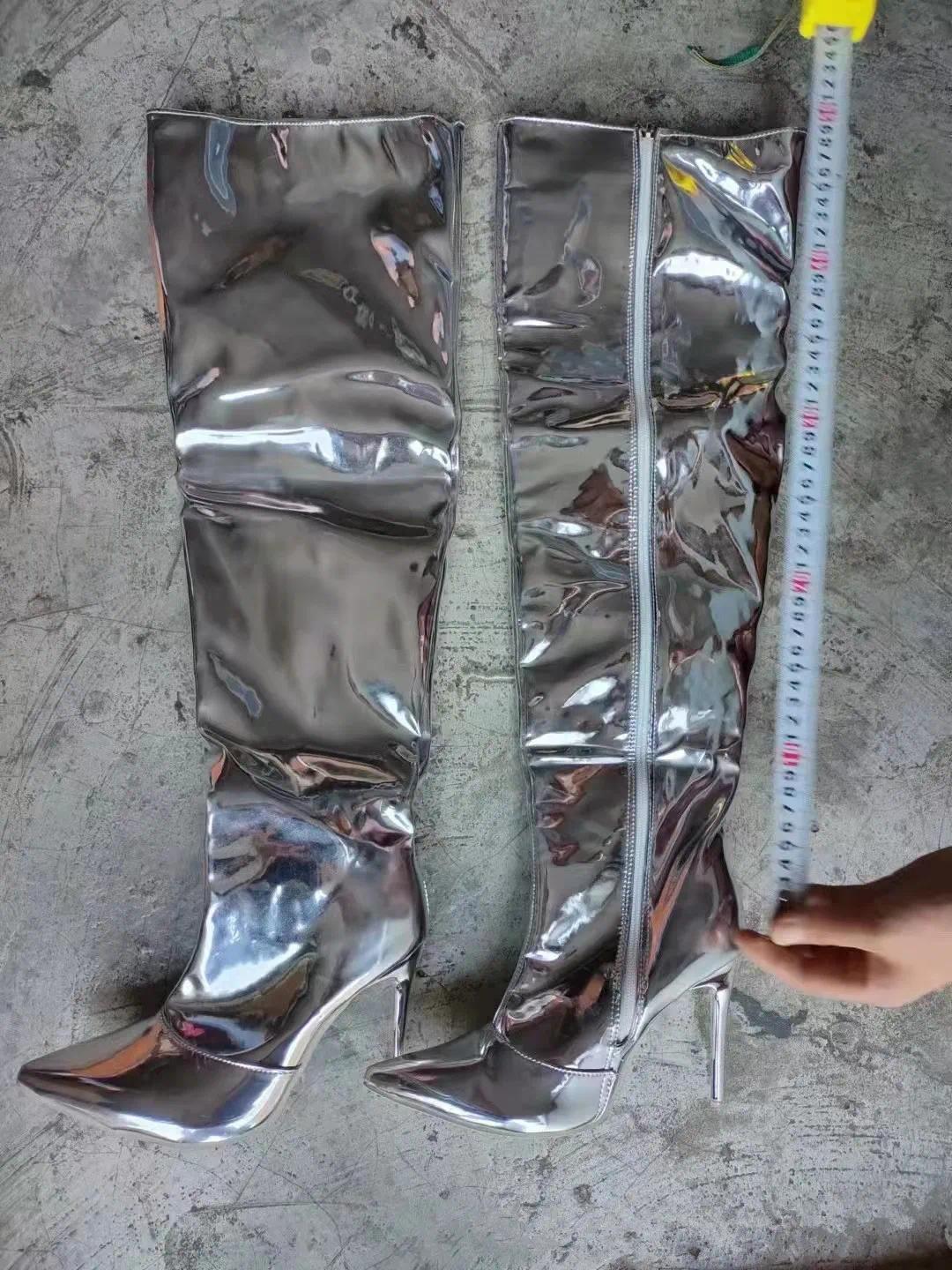 Chic Ladies' Leather-Knee Length Evening Footwear: Trendy Design with Spiked Heel Detail