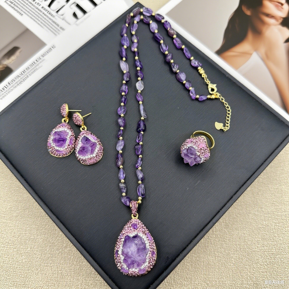 Rough Natural Amethyst Crystal Jewelry Set for Women Rhinestone Irregular Quartz Lucky Leather Bangle Rings Charm Necklace Sets