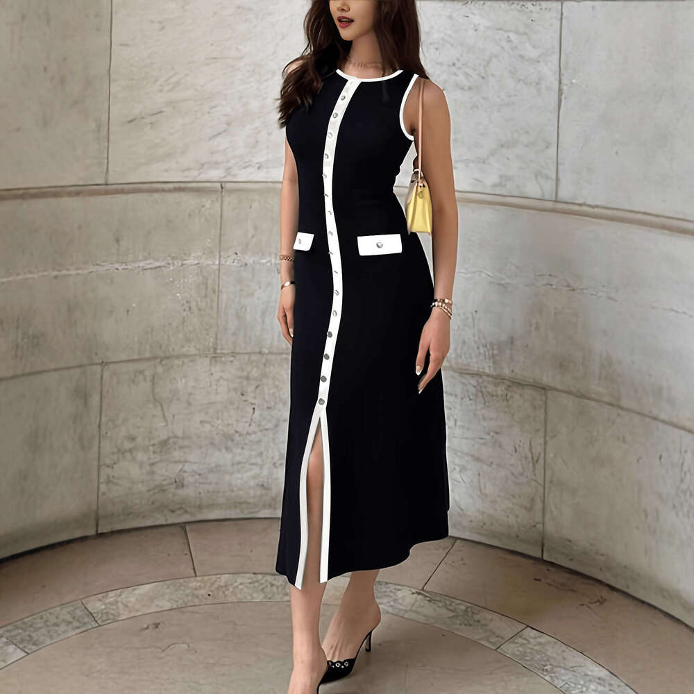 Elegant Women's Knitted Ribbed Long Round Neck Sleeveless Button Slim Fit Dress