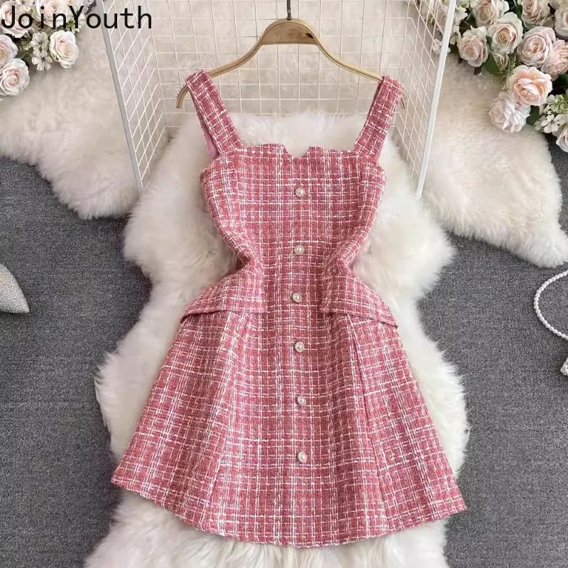 Womens Dresses Korean Dress for Women Slim Waist Sleeveless Tunic Aline Tweed Vintage Temperament Dress 250731