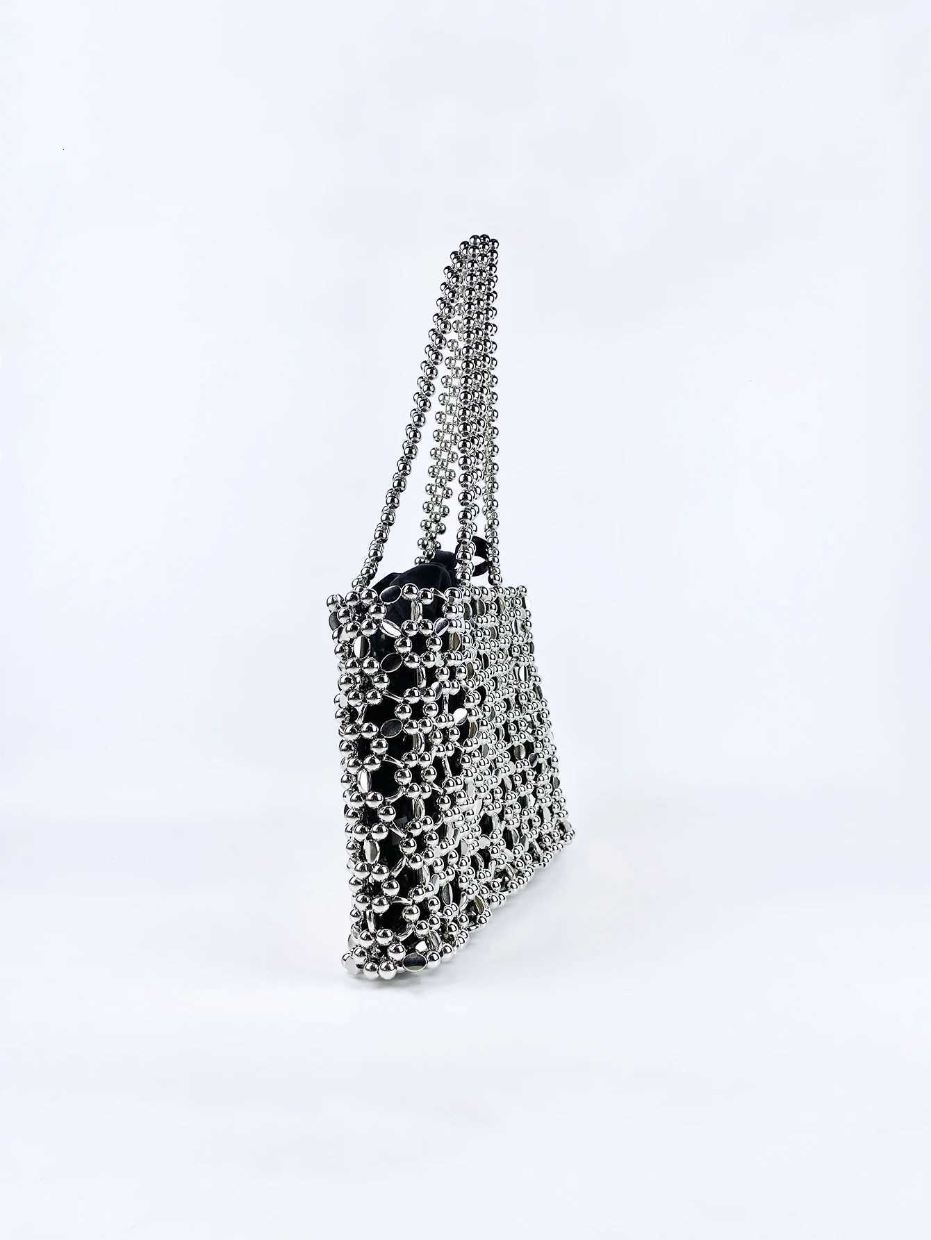 Fashionable niche shiny silver beaded bag woven lightweight hollow beaded versatile shoulder bag Y250730
