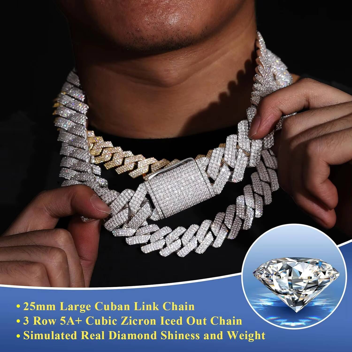 25mm Big Cuban Link Chain Fashion Hip Hop Jewelry 18K Gold Plated Brass Prong CZ Diamond Iced Out Chunky Rapper Necklace for Men