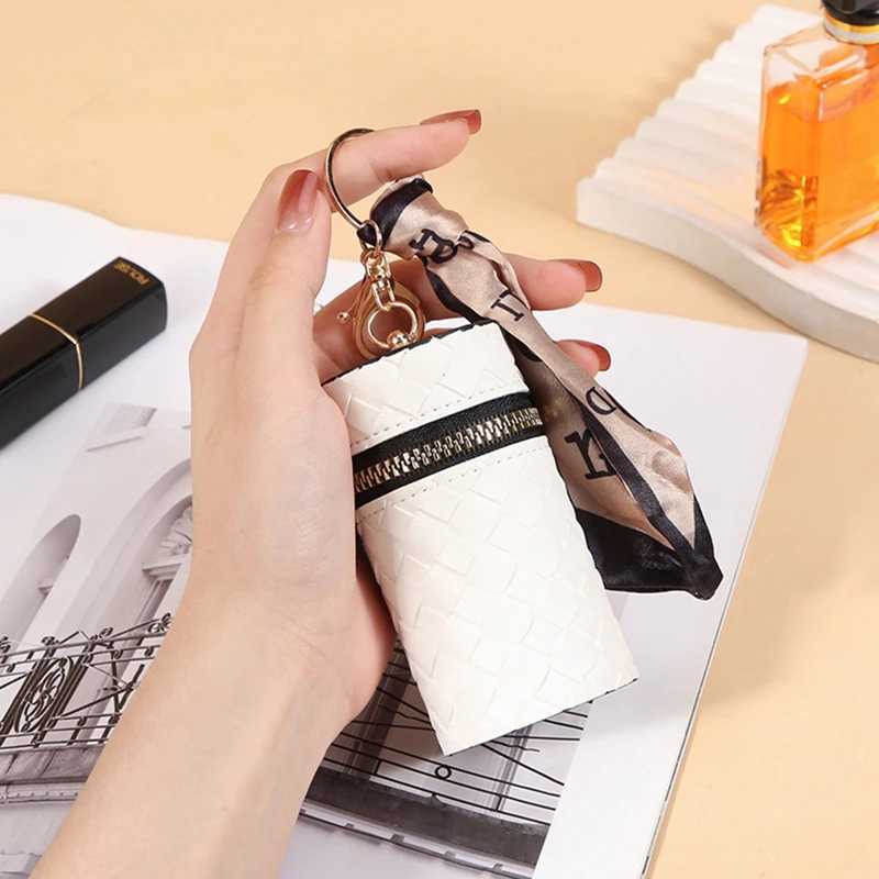 Womens Leather Oval Lipstick Bag Keychains Charm Ribbon Coin Purse Pendant Keyrings for Girls Cute Key Chain Vintage Decoration Y250731