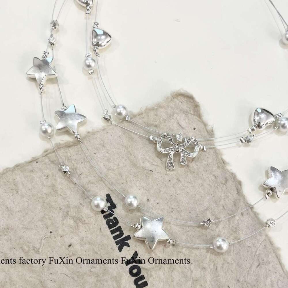 Super Fairy Sweet Starry Heart Pearl Necklace Fashionable Temperament Design High-end Clavicle Chain Bowknot f8d