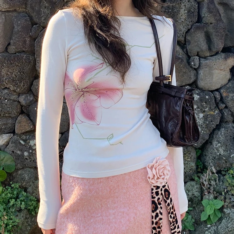 Lamuusaa Fairy Coquette Top Women y2k Clothing Rhinestone Floral Print Round Neck Long Sleeve T Shirts 2000s Clothes Streetwear 250730