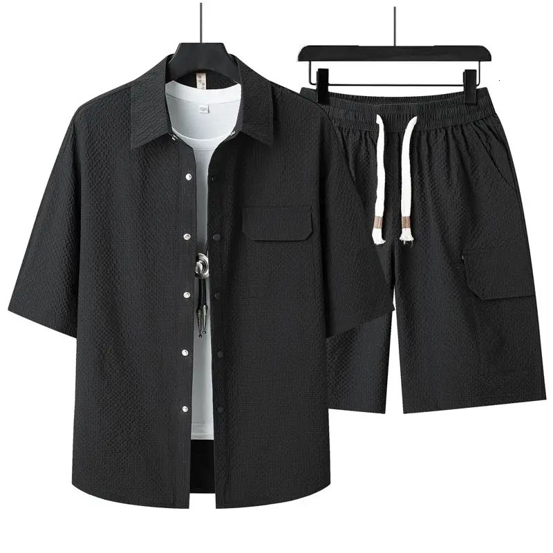 Ice Silk Suit Mens Summer Shortsleeved Shirt and Shorts Loose Trendy Casual Twopiece Set 250724