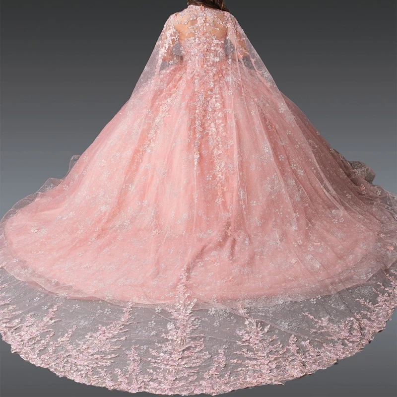 Pink Shiny Quinceanera Dresses Ball Gown Off The Shoulder Applique Lace Beads Tull With Cape Party Birthday Sweet 16 Dress Vestidos 15 Anos